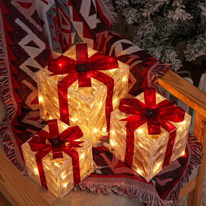 3Pcs Lighted Gift Boxes Decorations, Decorative Boxes, Christmas Tree Skirt Ornament for Holiday, Party, Christmas